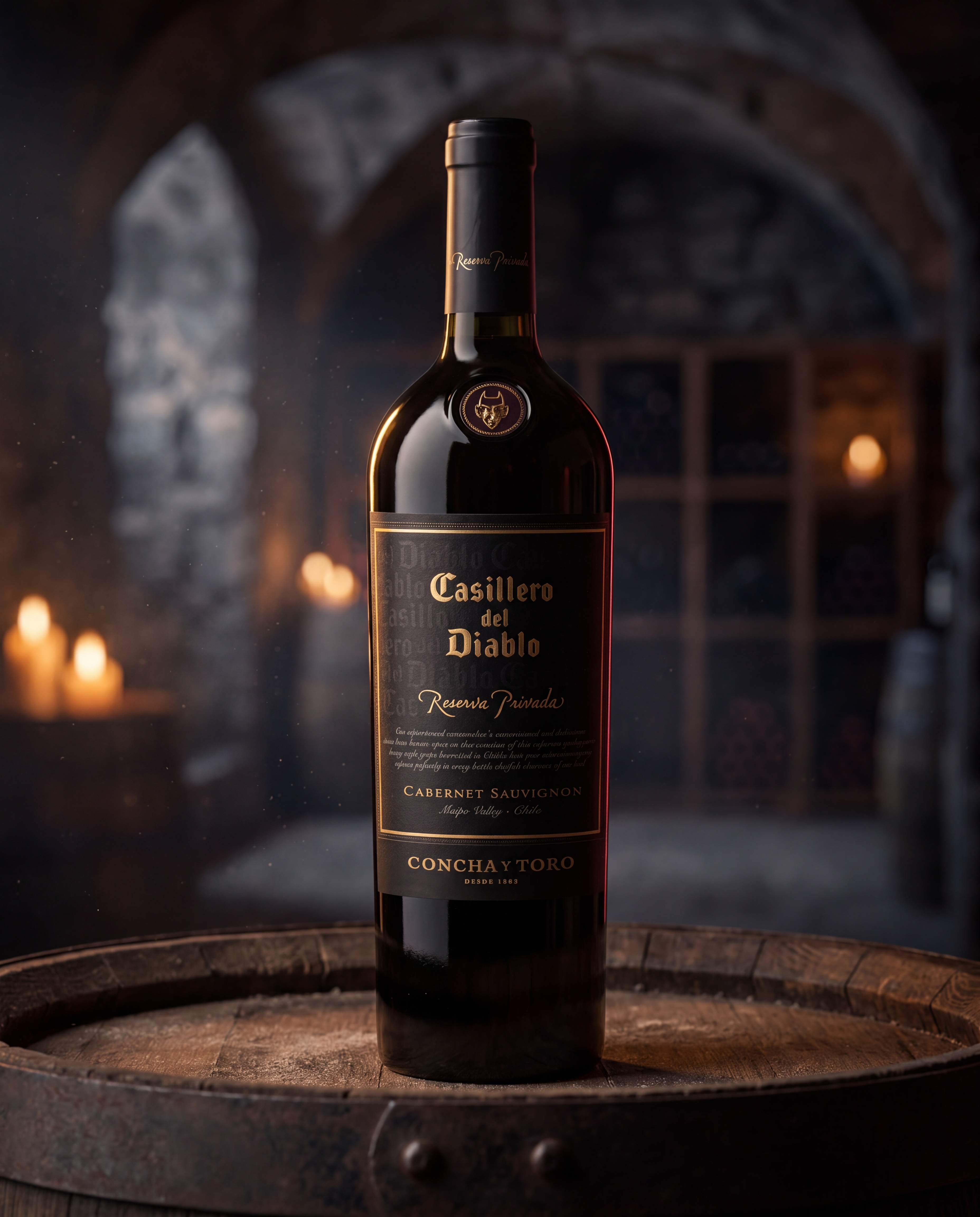 Casillero del Diablo Reserva Privada en bodega con candelabros y barrica de roble